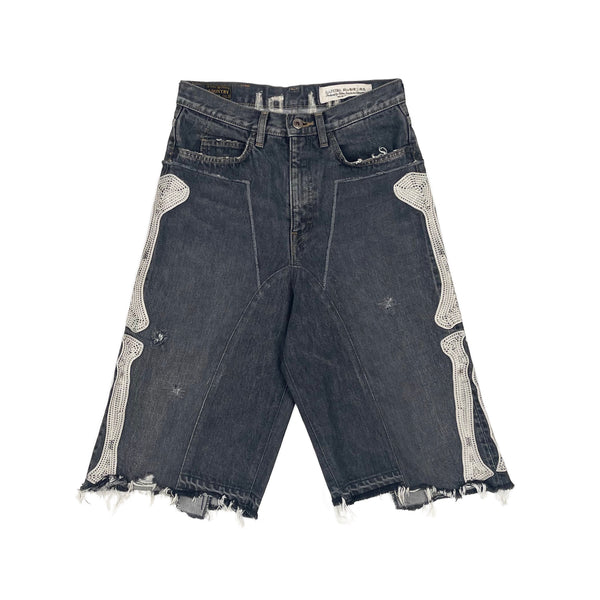 Kapital Kountry SS18 14Oz Denim 5P Bone/Skeleton Embroidered Shorts (Light Wash Black)